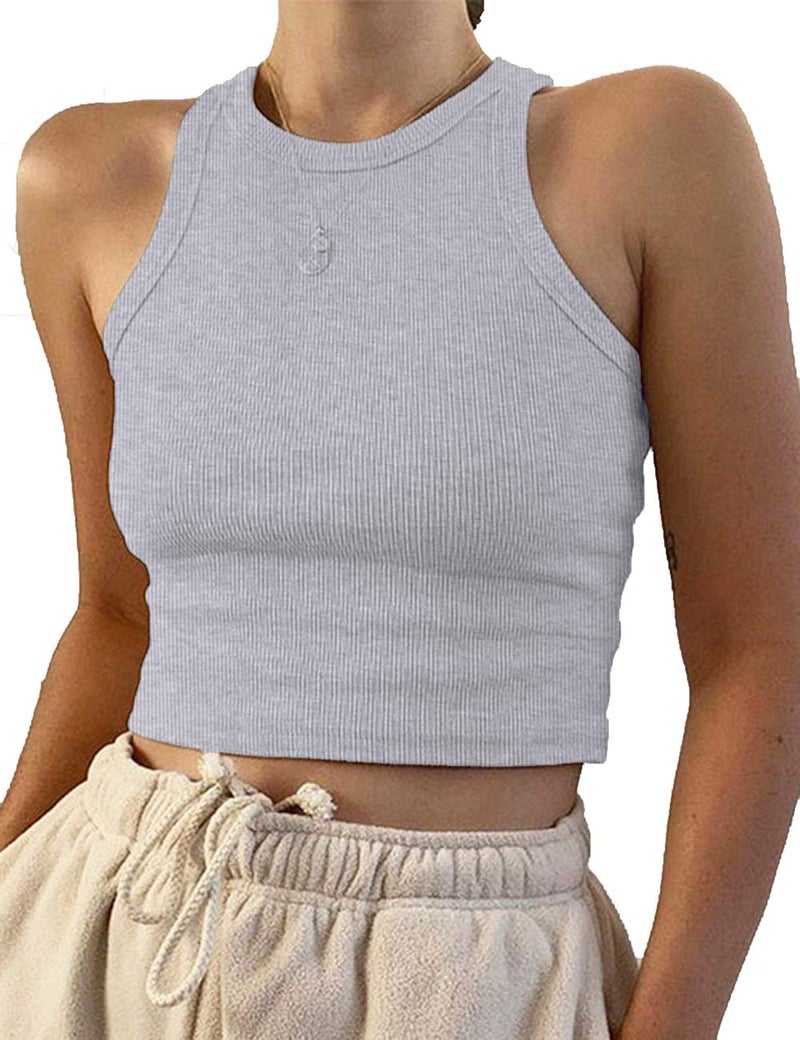 Meladyan Women's Round Neck Basic Racerback Camisole Rib-Knit Solid Sleeveless Crop Tank Tops (Medium, Grey) - Image 1